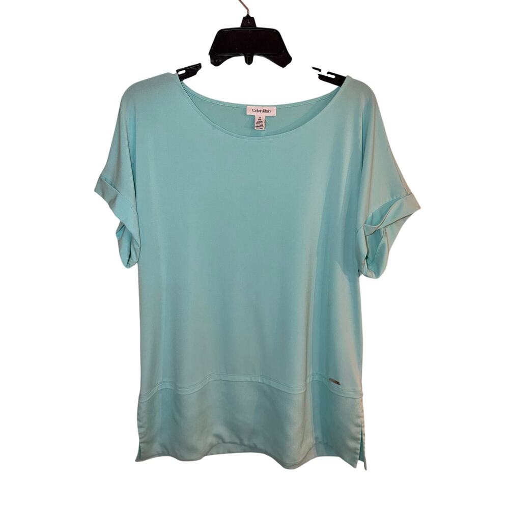 Calvin Klein Women’s Large Aqua Blue Layered High Low Short Sleeve Blouse